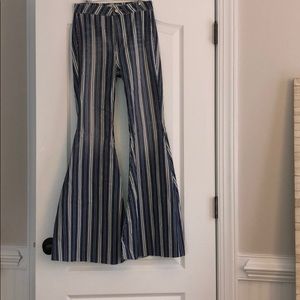 Blue and white stripe flare jeans